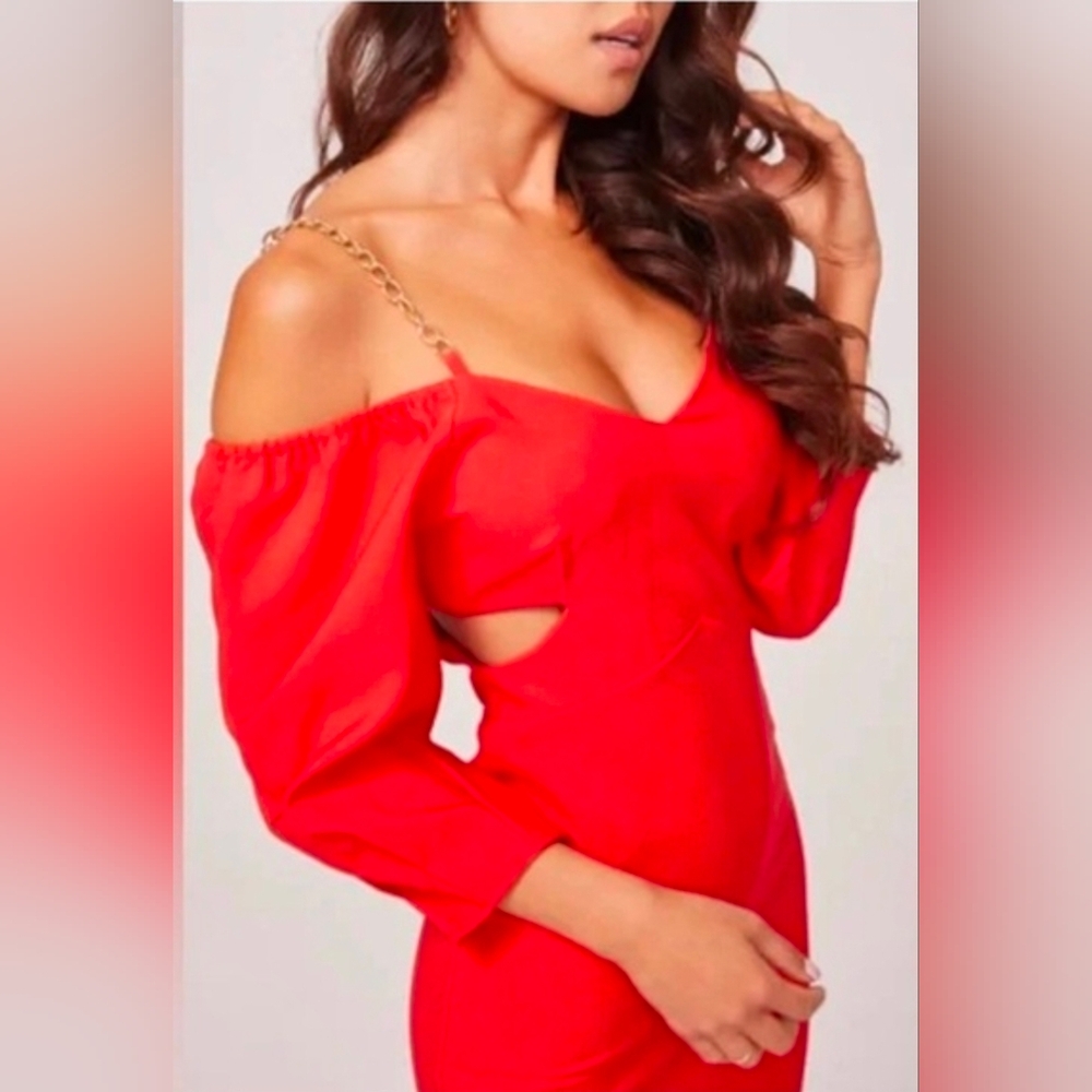 Azura Off-Shoulder Mini Dress Gold Chain Straps Cut-Out Party Prom Casual Size S